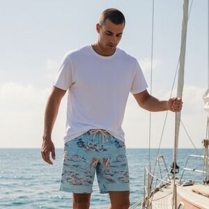 Faherty Brand Mens Beacon Trunk Swim Shorts Marlin Scenic Blue Size 32 7" Inseam